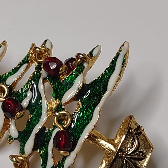 Green And Gold Tone Christmas Tree Brooch With Red Dangling Ornaments - Picture 5 of 11